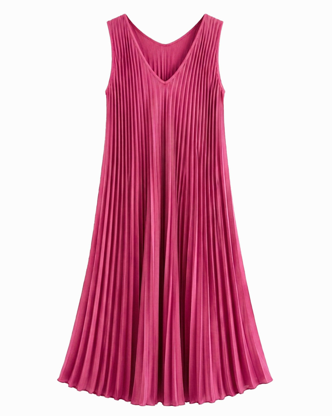 Vestido Plisado: vestido midi de tejido suelto con pliegues para mujeres reales de tallas curvy con escote en pico, diseño sin mangas y corte en diagonal de Quiles_Shop.
