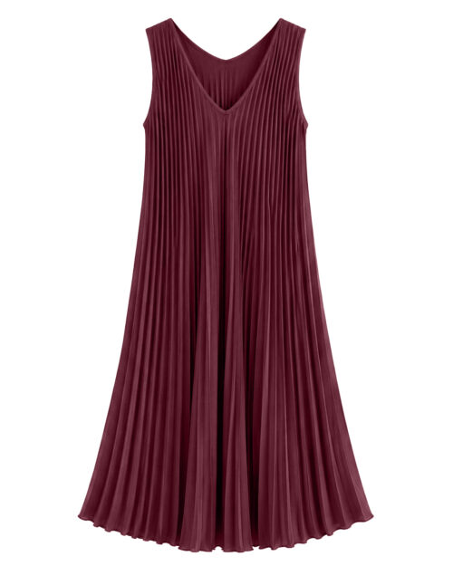 Vestido Plisado: vestido midi de tejido suelto con pliegues para mujeres reales de tallas curvy con escote en pico, diseño sin mangas y corte en diagonal de Quiles_Shop.