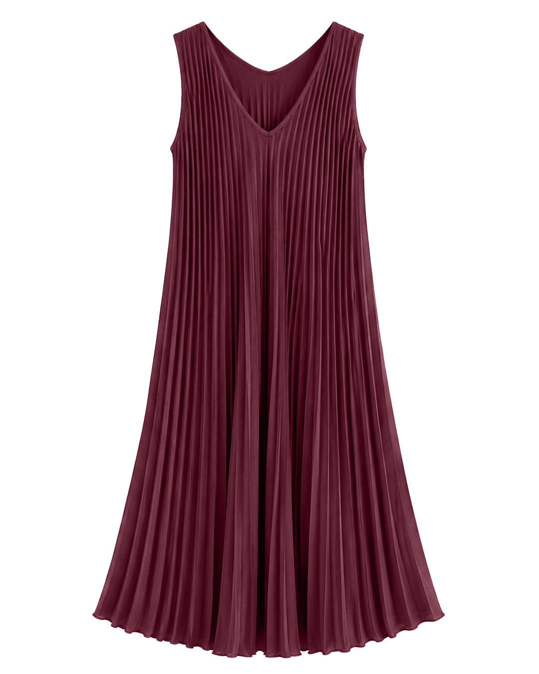 Vestido Plisado: vestido midi de tejido suelto con pliegues para mujeres reales de tallas curvy con escote en pico, diseño sin mangas y corte en diagonal de Quiles_Shop.