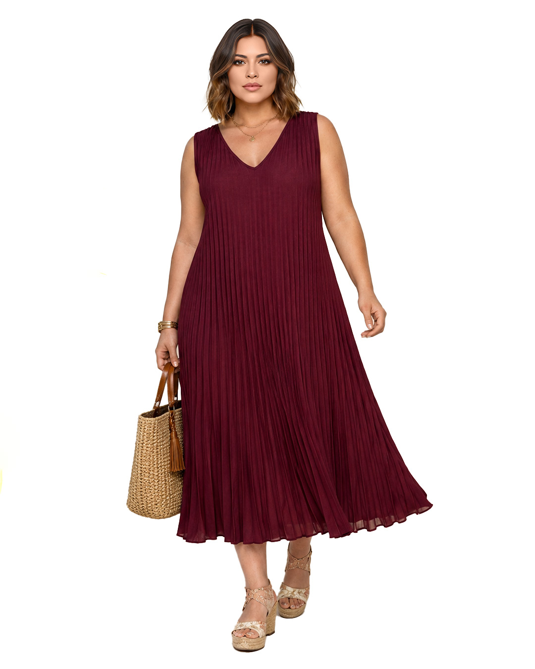 Vestido Plisado: vestido midi de tejido suelto con pliegues para mujeres reales de tallas curvy con escote en pico, diseño sin mangas y corte en diagonal de Quiles_Shop.