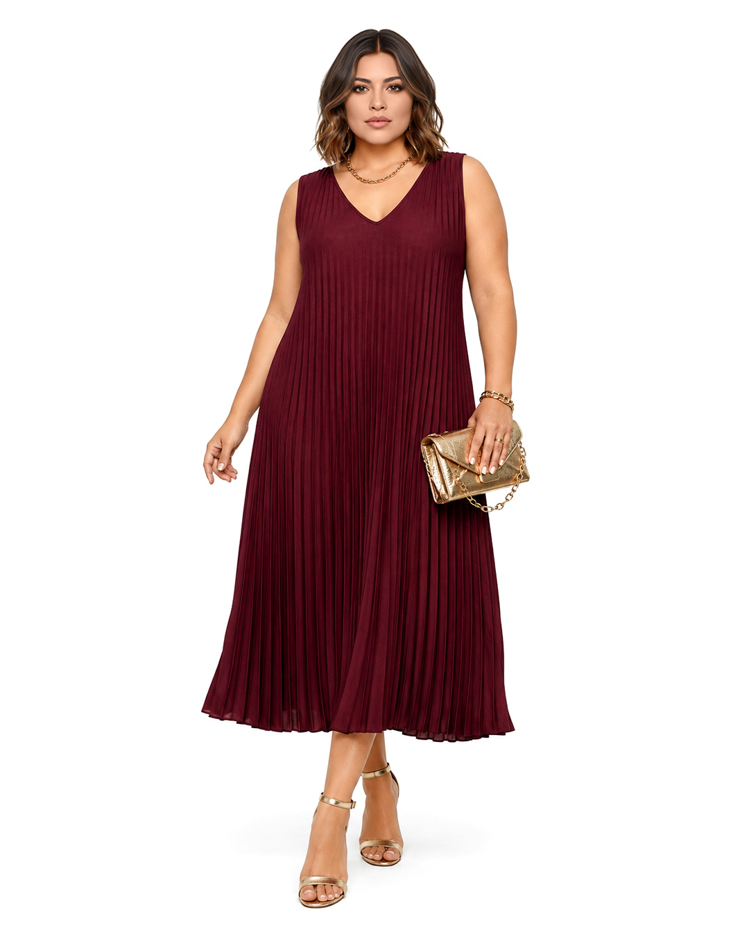 Vestido Plisado: vestido midi de tejido suelto con pliegues para mujeres reales de tallas curvy con escote en pico, diseño sin mangas y corte en diagonal de Quiles_Shop.