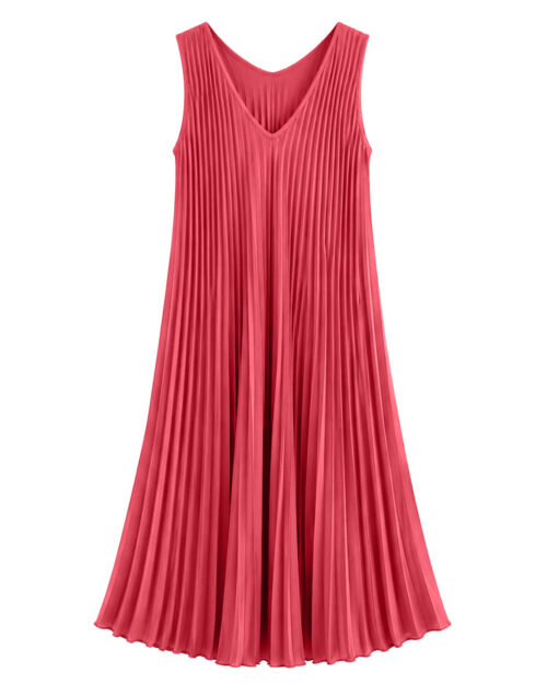 Vestido Plisado: vestido midi de tejido suelto con pliegues para mujeres reales de tallas curvy con escote en pico, diseño sin mangas y corte en diagonal de Quiles_Shop.