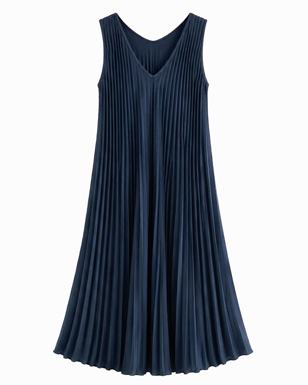 Vestido Plisado: vestido midi de tejido suelto con pliegues para mujeres reales de tallas curvy con escote en pico, diseño sin mangas y corte en diagonal de Quiles_Shop.