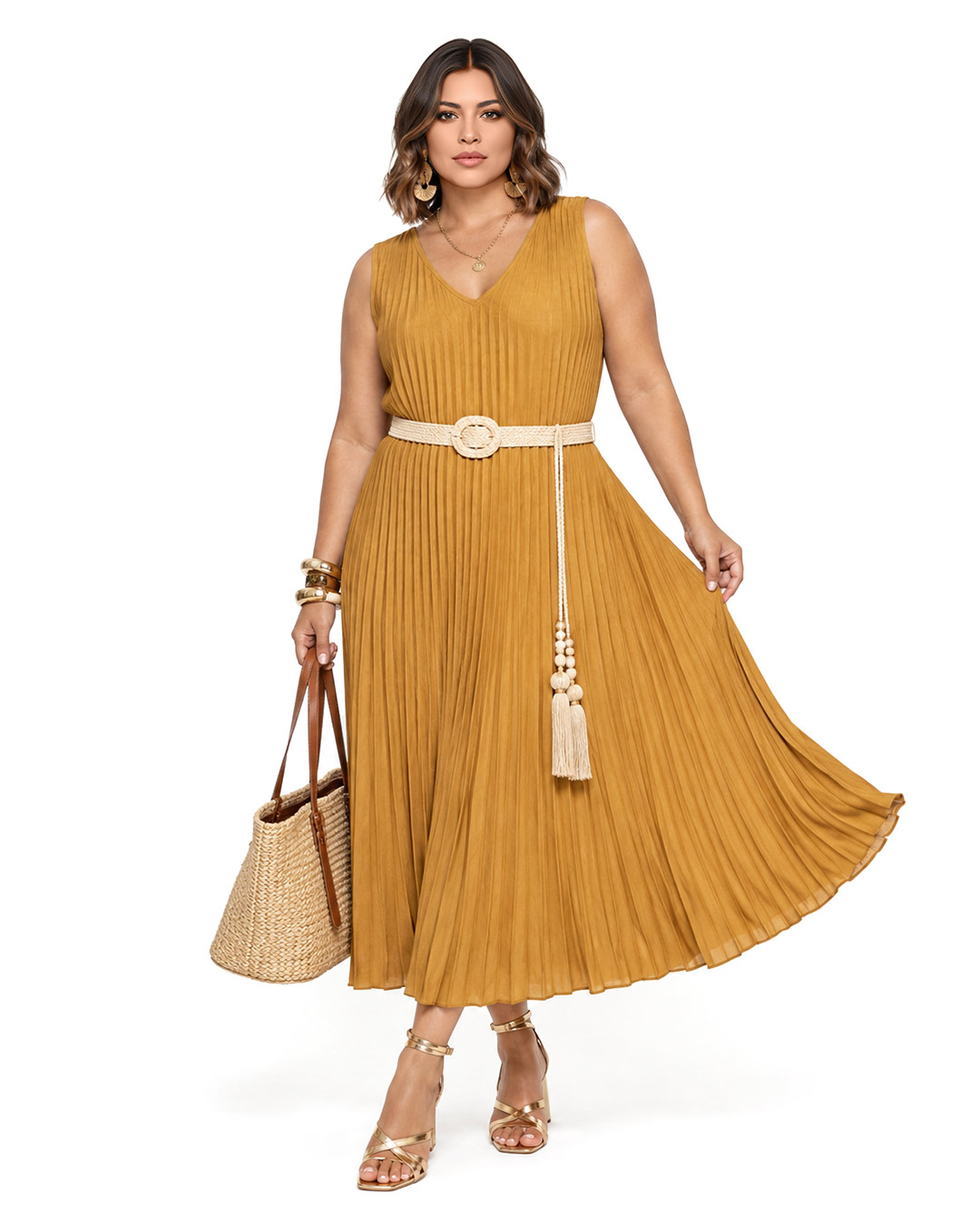 Vestido Plisado: vestido midi de tejido suelto con pliegues para mujeres reales de tallas curvy con escote en pico, diseño sin mangas y corte en diagonal de Quiles_Shop.