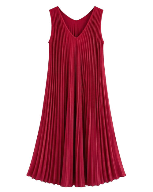 Vestido Plisado: vestido midi de tejido suelto con pliegues para mujeres reales de tallas curvy con escote en pico, diseño sin mangas y corte en diagonal de Quiles_Shop.