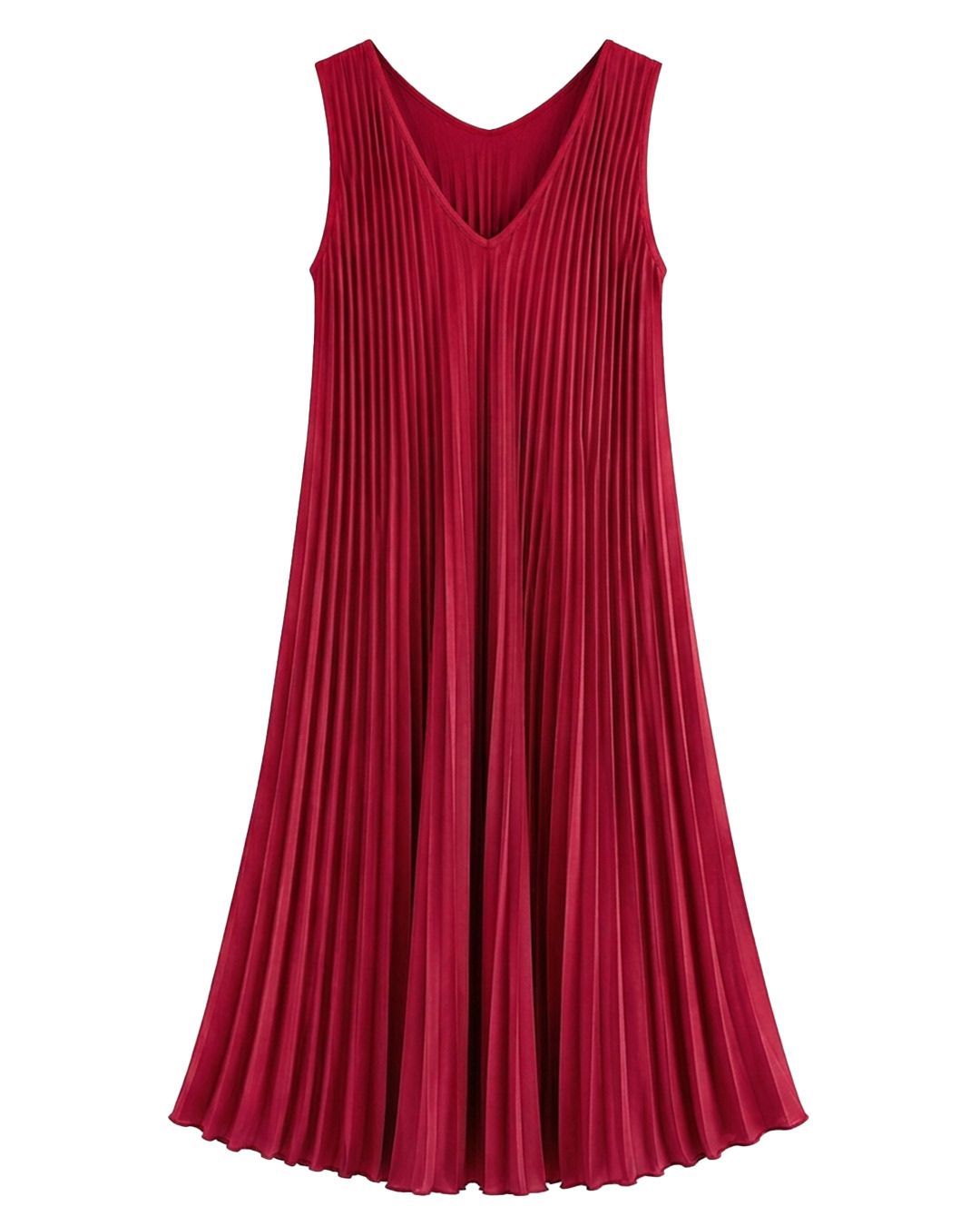 Vestido Plisado: vestido midi de tejido suelto con pliegues para mujeres reales de tallas curvy con escote en pico, diseño sin mangas y corte en diagonal de Quiles_Shop.