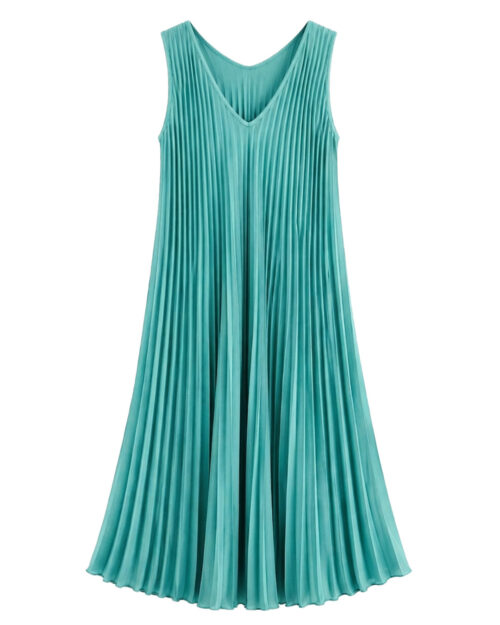 Vestido Plisado: vestido midi de tejido suelto con pliegues para mujeres reales de tallas curvy con escote en pico, diseño sin mangas y corte en diagonal de Quiles_Shop.