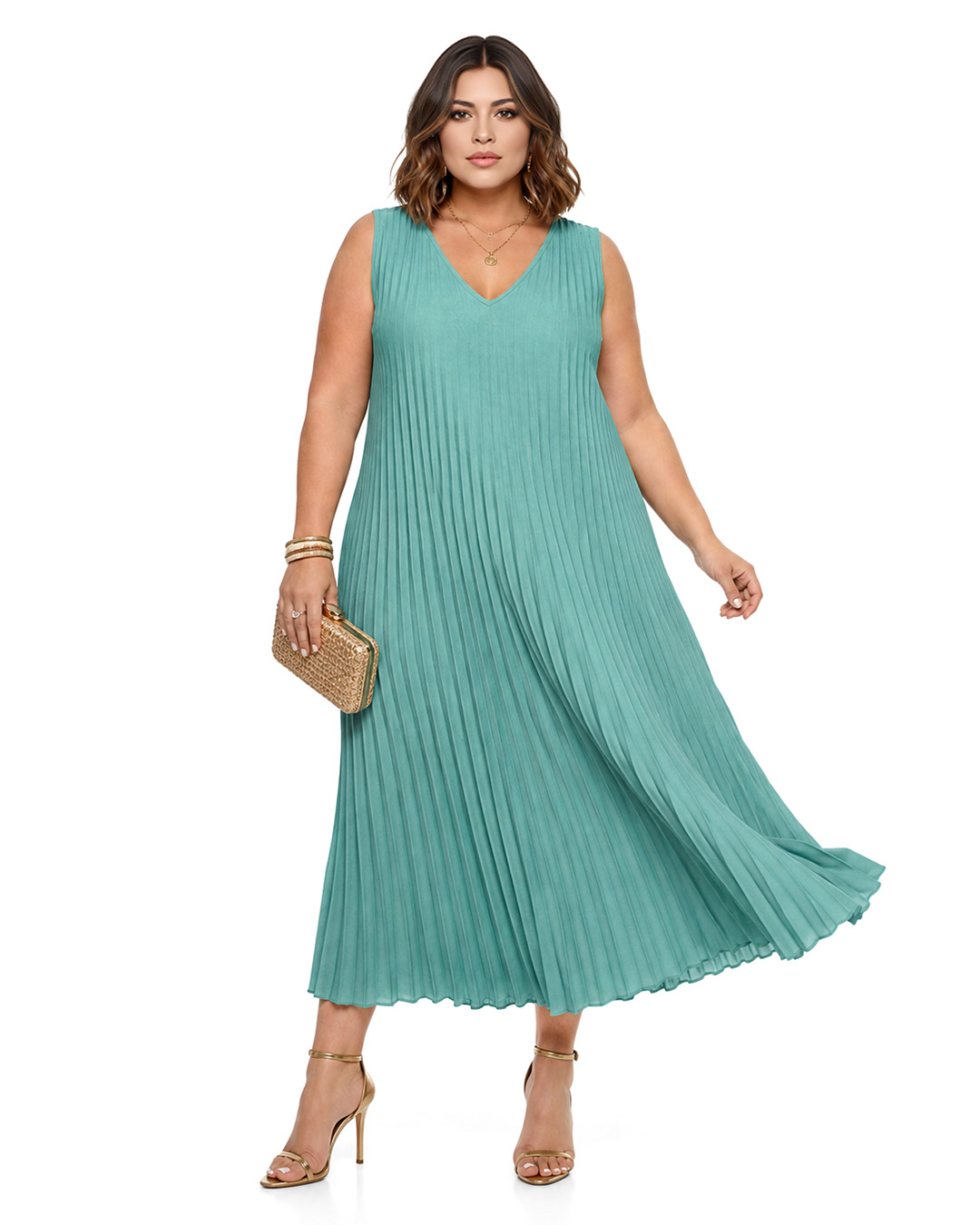 Vestido Plisado: vestido midi de tejido suelto con pliegues para mujeres reales de tallas curvy con escote en pico, diseño sin mangas y corte en diagonal de Quiles_Shop.