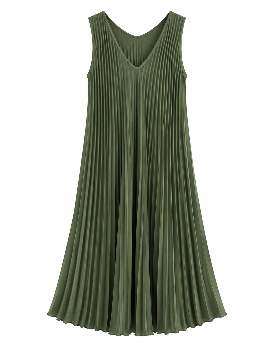 Vestido Plisado: vestido midi de tejido suelto con pliegues para mujeres reales de tallas curvy con escote en pico, diseño sin mangas y corte en diagonal de Quiles_Shop.