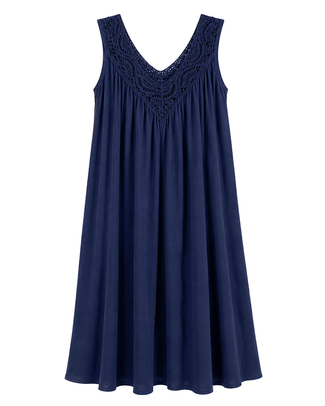 Vestido Resort: vestido midi suelto de tejido fluido de viscosa para mujeres reales de tallas curvy con escote en pico de guipur calado, tirante ancho y pequeños pliegues de Quiles_Shop.