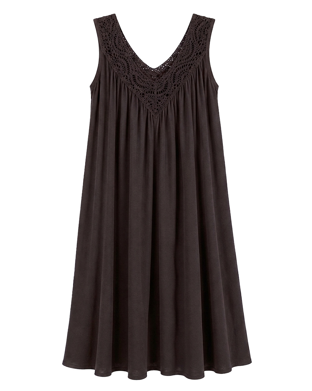 Vestido Resort: vestido midi suelto de tejido fluido de viscosa para mujeres reales de tallas curvy con escote en pico de guipur calado, tirante ancho y pequeños pliegues de Quiles_Shop.
