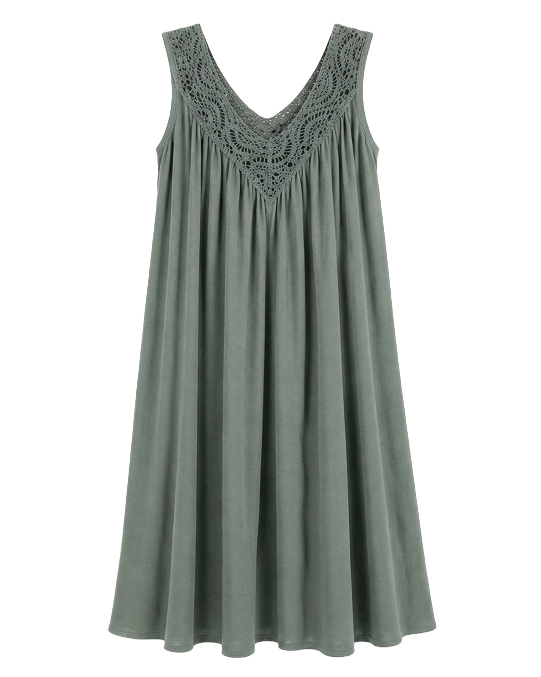 Vestido Resort: vestido midi suelto de tejido fluido de viscosa para mujeres reales de tallas curvy con escote en pico de guipur calado, tirante ancho y pequeños pliegues de Quiles_Shop.