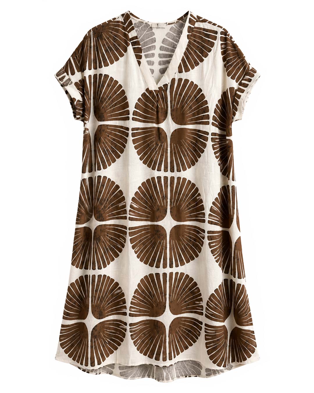 Vestido Retro: vestido midi suelto con estampado geométrico de estilo vintage para mujeres reales de tallas curvy con escote en pico, manga corta integrada y bajo redondeado de Quiles_Shop.