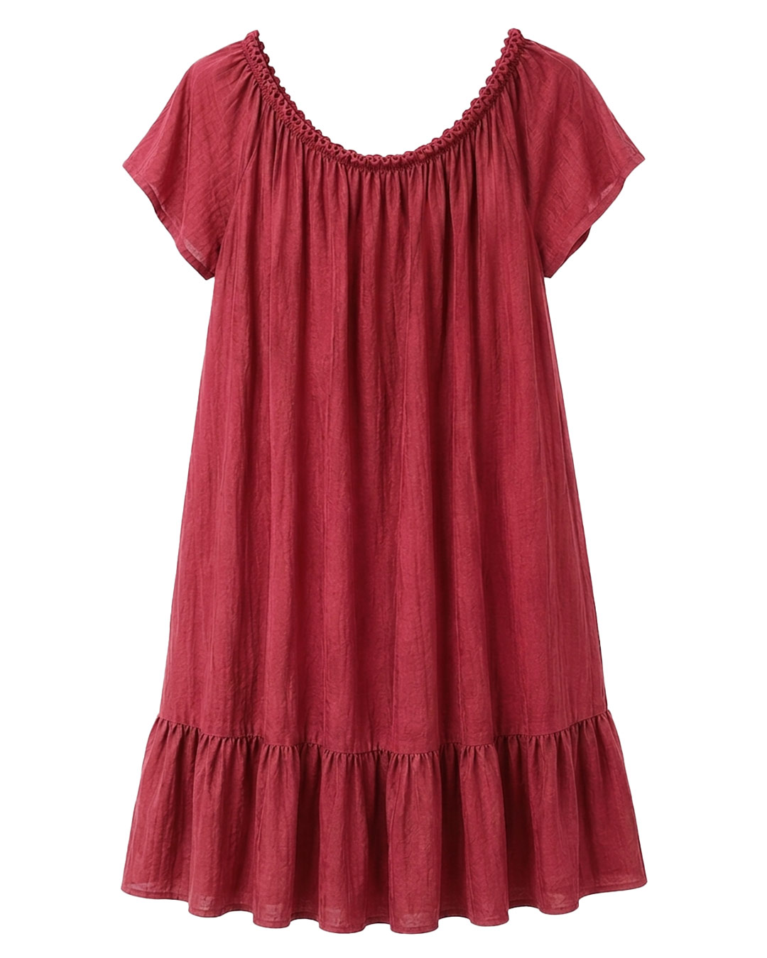 Vestido Tabarca: vestido de diario corto de manga corta color frambuesa con escote elástico fruncido y textura efecto lino de Quiles_Shop.