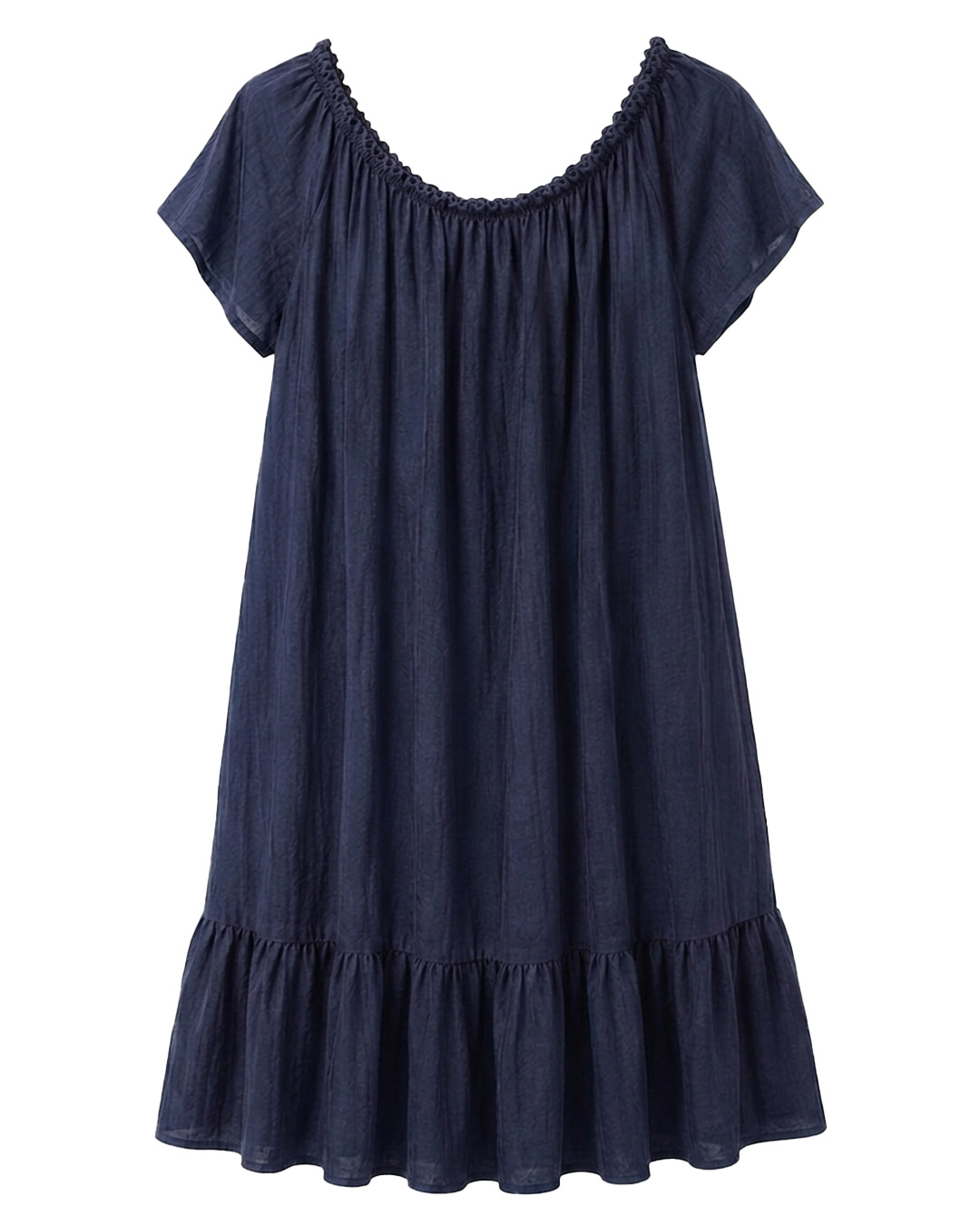 Vestido Tabarca: vestido de diario corto de manga corta color marino con escote elástico fruncido y textura efecto lino de Quiles_Shop.