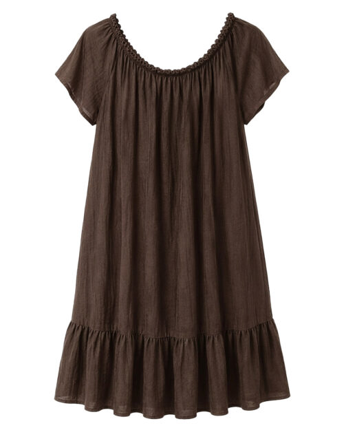 Vestido Tabarca: vestido de diario corto de manga corta color marrón con escote elástico fruncido y textura efecto lino de Quiles_Shop.