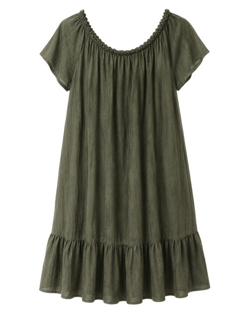 Vestido Tabarca: vestido de diario corto de manga corta color verde con escote elástico fruncido y textura efecto lino de Quiles_Shop.