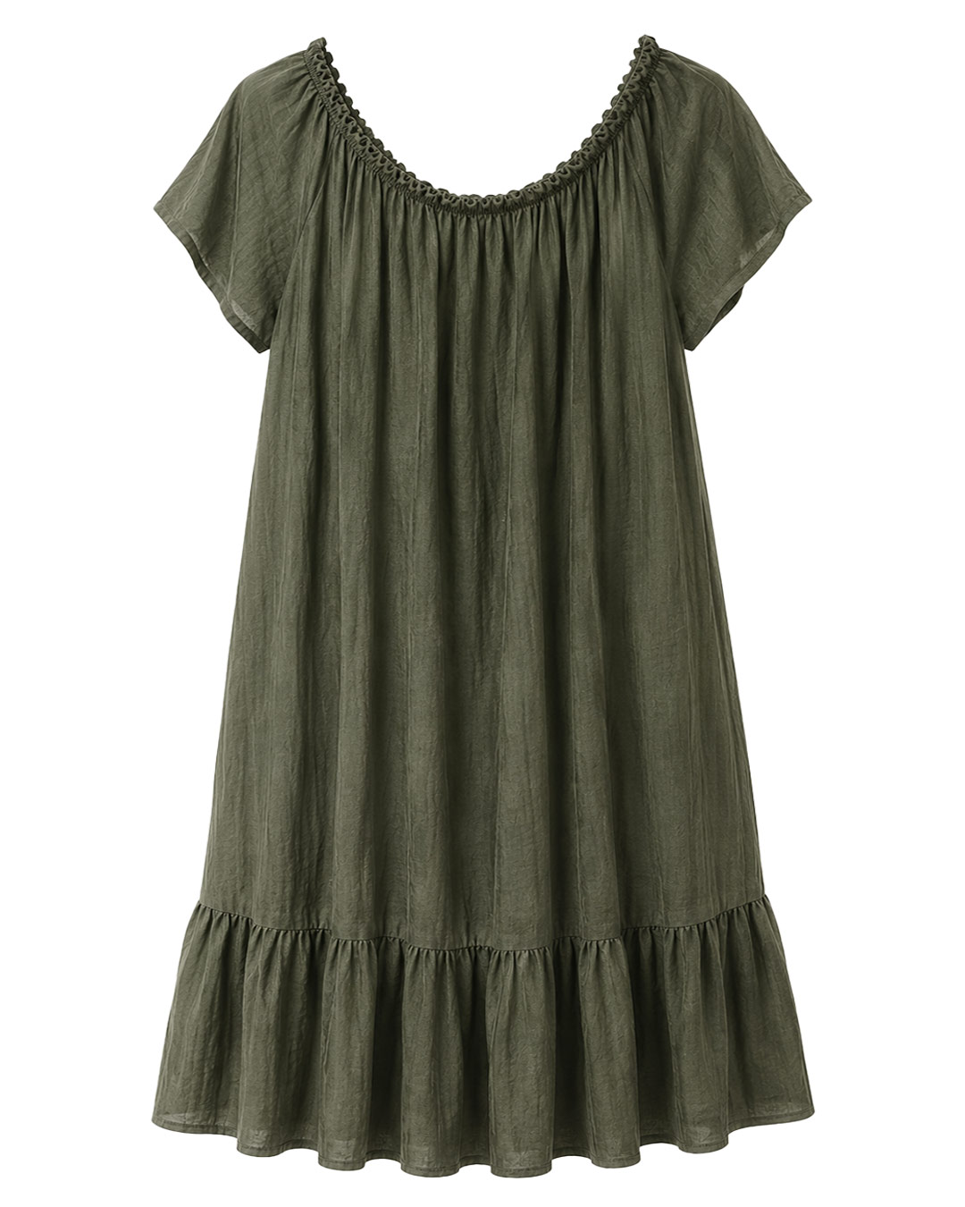 Vestido Tabarca: vestido de diario corto de manga corta color verde con escote elástico fruncido y textura efecto lino de Quiles_Shop.
