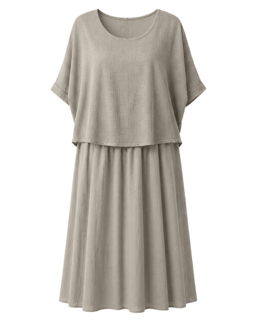 Vestido Texturas: vestido midi suelto de dos piezas superpuestas para mujeres reales de tallas curvy con parte superior calada de rejilla, falda fluida de algodón y cuello redondo de Quiles_Shop.
