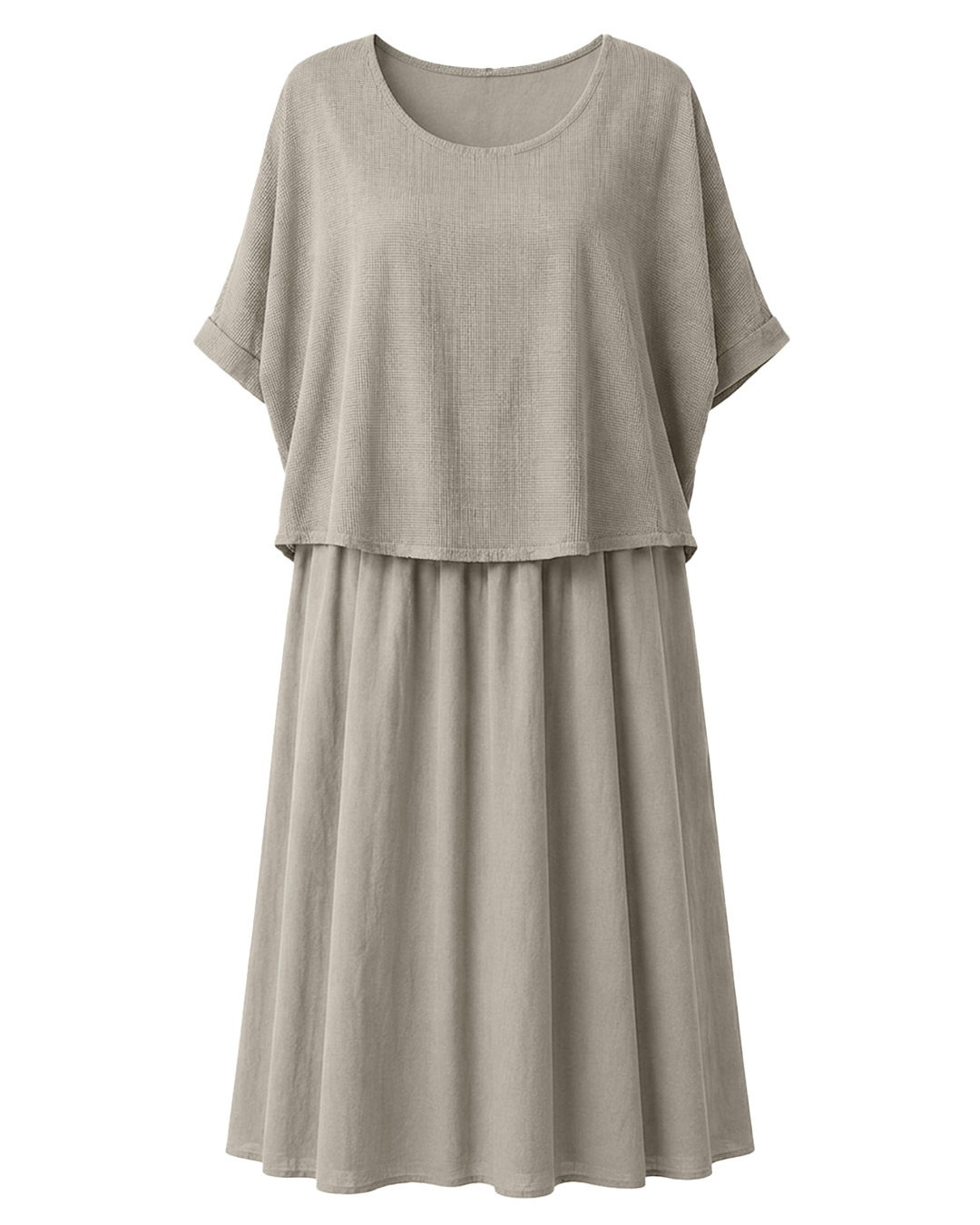 Vestido Texturas: vestido midi suelto de dos piezas superpuestas para mujeres reales de tallas curvy con parte superior calada de rejilla, falda fluida de algodón y cuello redondo de Quiles_Shop.
