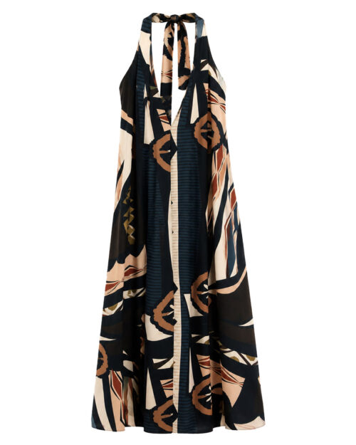 Vestido Tótem: vestido largo con escote halter y estampado geométrico abstracto en tejido de viscosa fluida de Quiles_Shop.