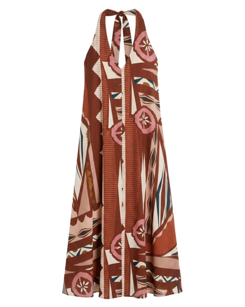 Vestido Tótem: vestido largo con escote halter y estampado geométrico abstracto en tejido de viscosa fluida de Quiles_Shop.