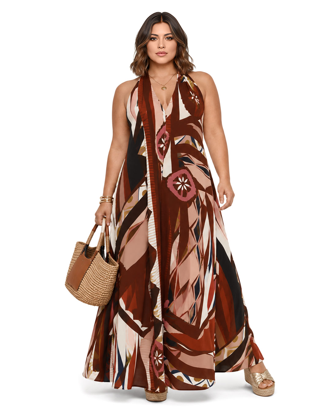 Vestido Tótem: vestido largo con escote halter y estampado geométrico abstracto en tejido de viscosa fluida de Quiles_Shop.