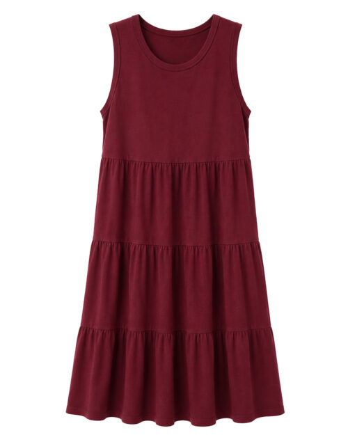 Vestido Vaivén: vestido midi de tirantes anchos en color burdeos con falda de tres volantes para mujeres reales de tallas curvy de Quiles_Shop.
