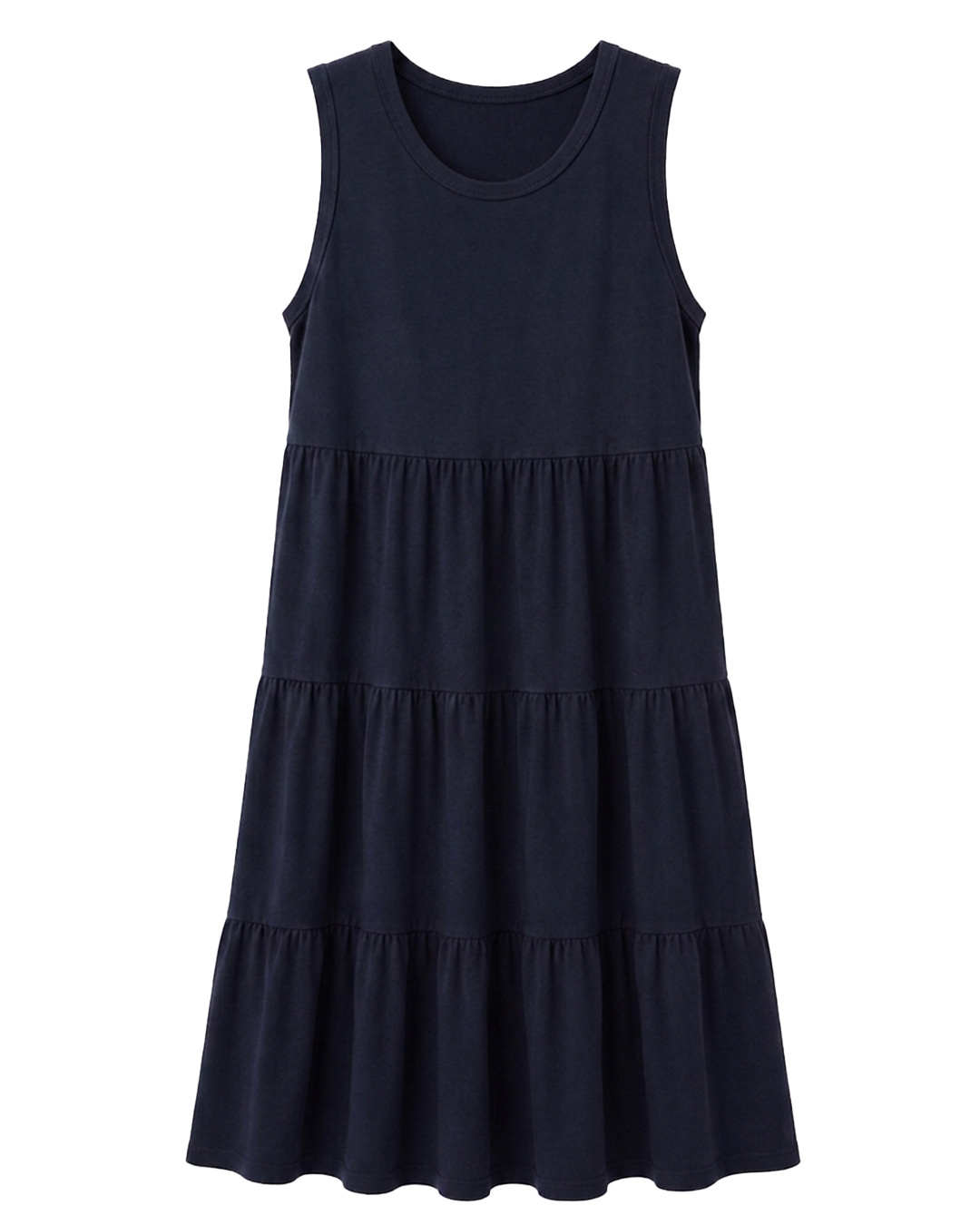 Vestido Vaivén: vestido midi de tirantes anchos en color marino con falda de tres volantes para mujeres reales de tallas curvy de Quiles_Shop.