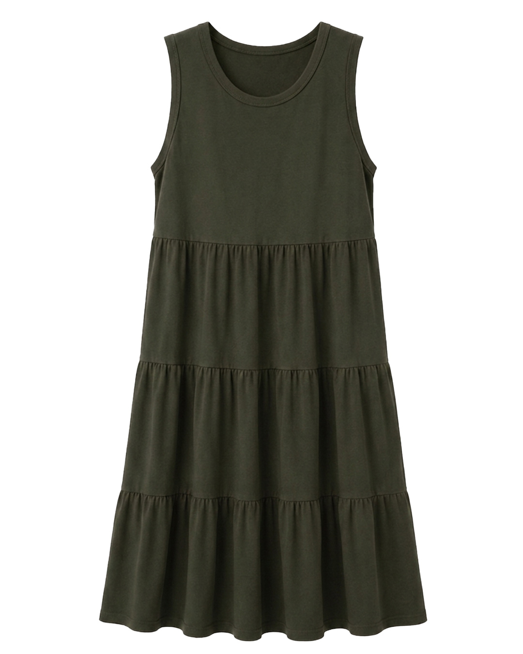 Vestido Vaivén: vestido midi de tirantes anchos en color verde con falda de tres volantes para mujeres reales de tallas curvy de Quiles_Shop.