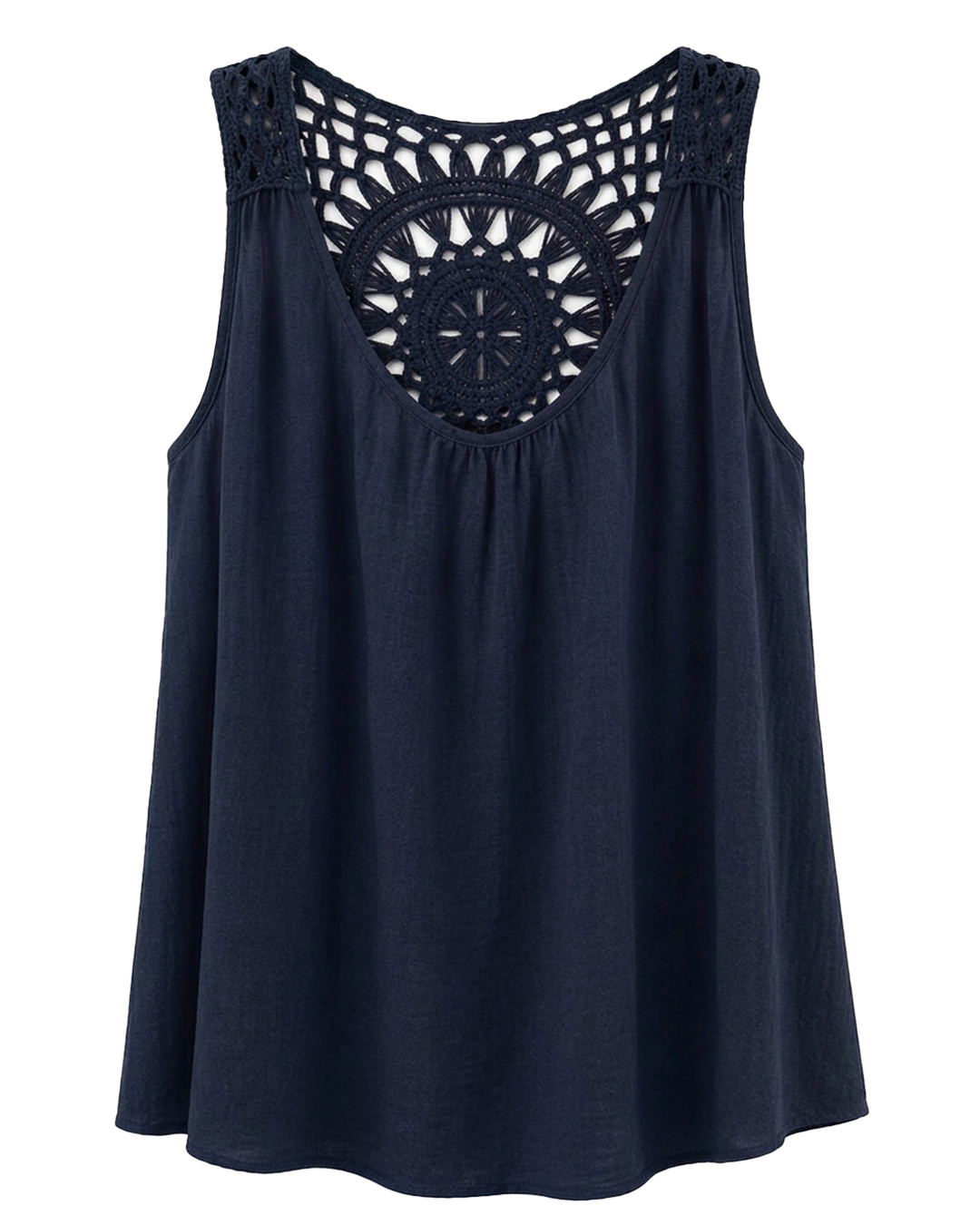 Blusa Ibicenca: blusa sin mangas de tejido fluido de algodón y viscosa para mujeres reales de tallas curvy con escote redondo, pliegues delanteros y espectacular espalda de crochet calado de Quiles_Shop.