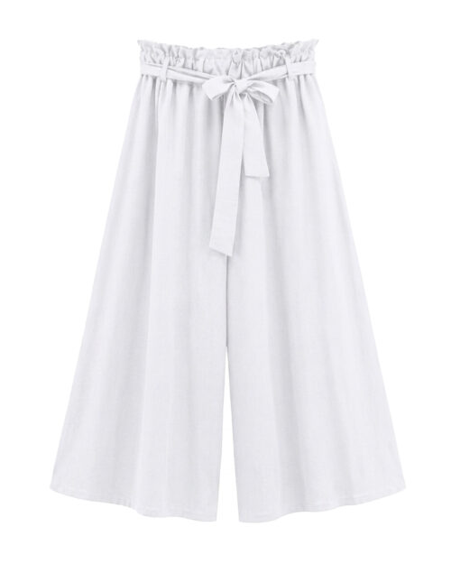 Pantalón Córcega: pantalón color blanco de pata ancha en viscosa fluida y elastano con cintura elástica tipo paperbag y lazo de Quiles_Shop.