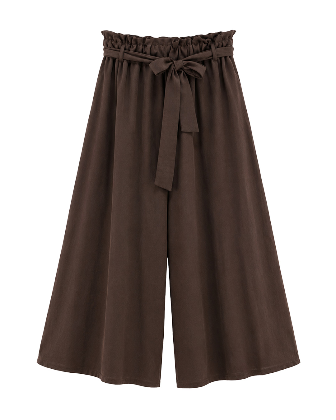 Pantalón Córcega: pantalón color marrón de pata ancha en viscosa fluida y elastano con cintura elástica tipo paperbag y lazo de Quiles_Shop.