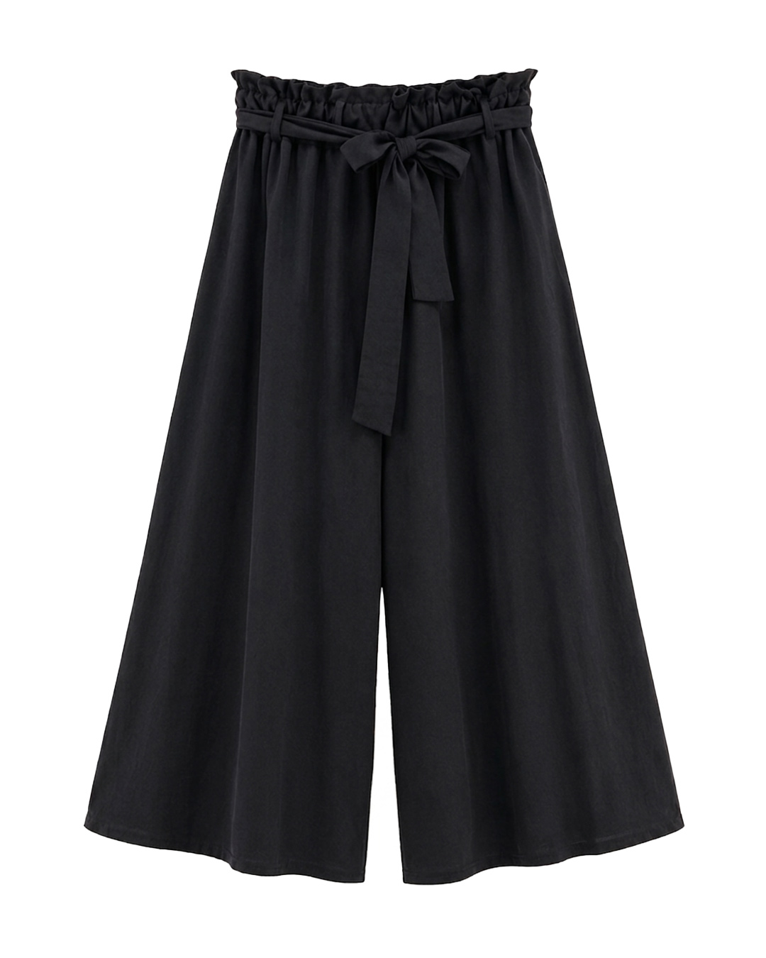 Pantalón Córcega: pantalón color negro de pata ancha en viscosa fluida y elastano con cintura elástica tipo paperbag y lazo de Quiles_Shop.