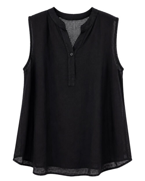 Blusa Fiyi: blusa de vestir color negra sin mangas con canesú superior de rejilla calada en tejido fluido de Quiles_Shop.