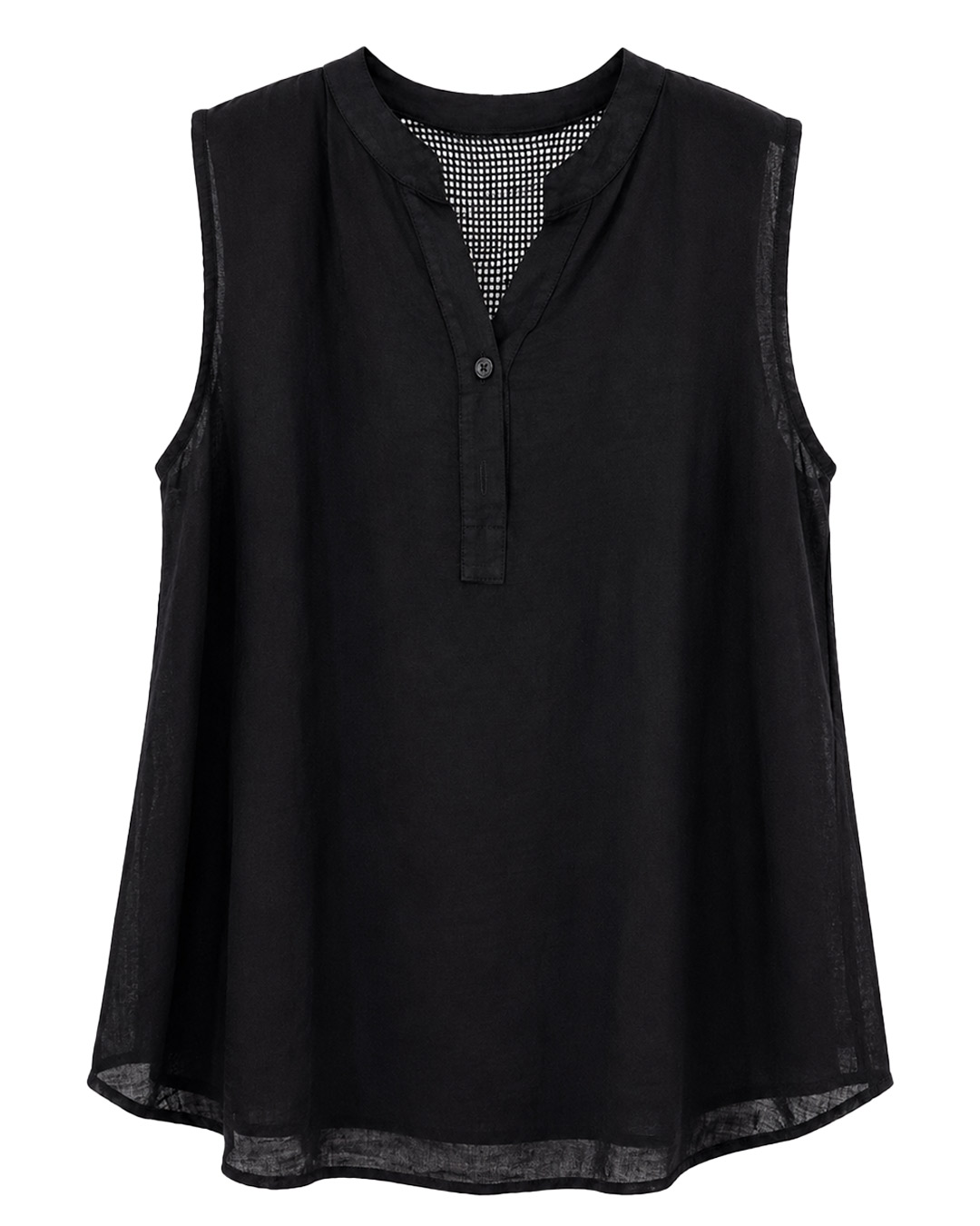 Blusa Fiyi: blusa de vestir color negra sin mangas con canesú superior de rejilla calada en tejido fluido de Quiles_Shop.