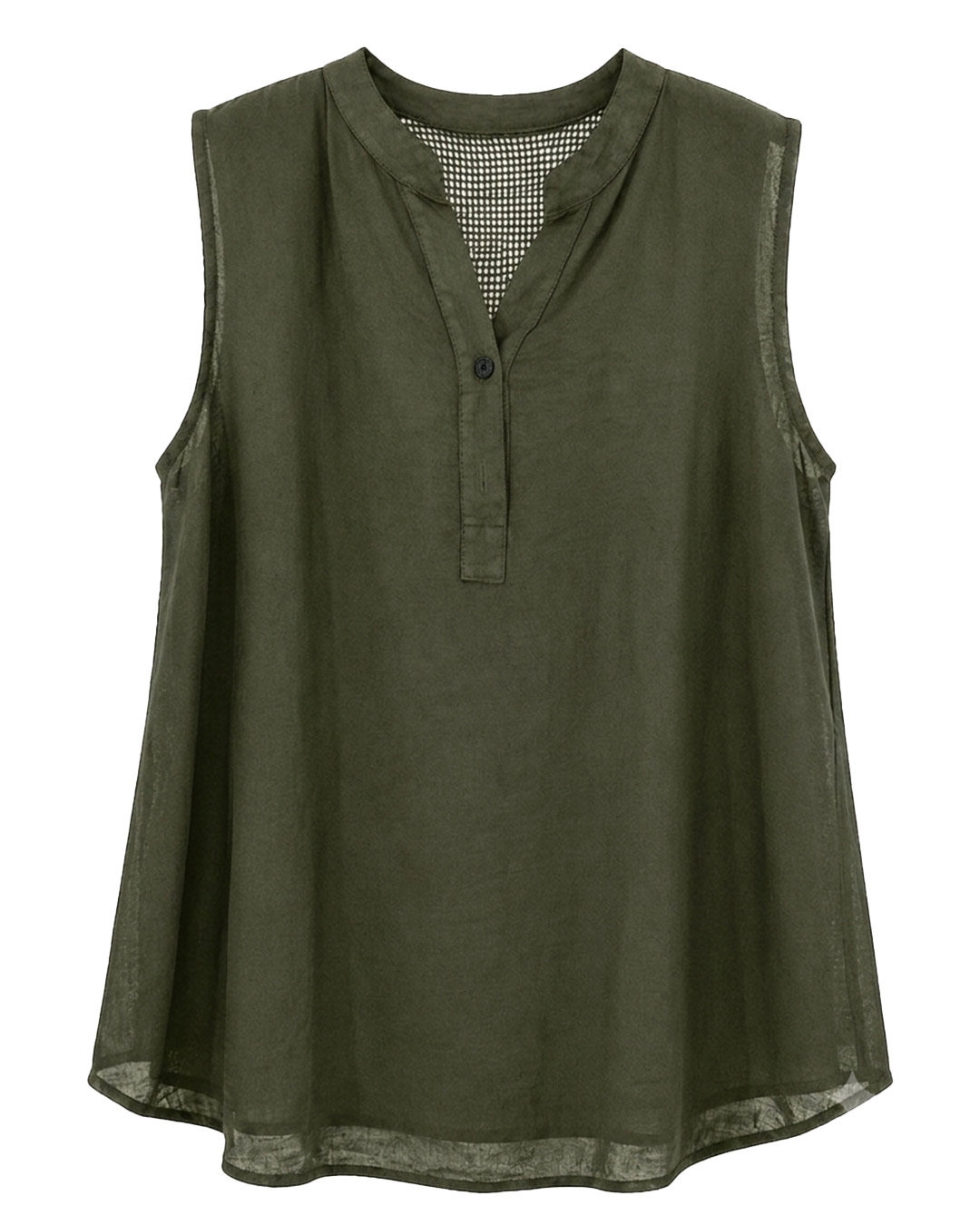 Blusa Fiyi: blusa de vestir color verde sin mangas con canesú superior de rejilla calada en tejido fluido de Quiles_Shop.