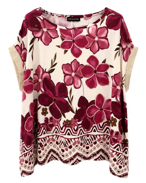 Blusa Versalles: blusa de diario color burdeos con estampado de flores, bajo con cenefa geométrica y puños dorados de lúrex de Quiles_Shop