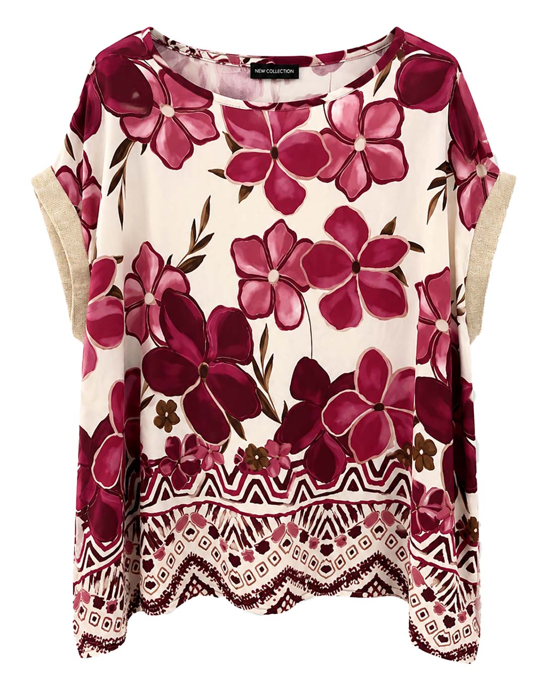 Blusa Versalles: blusa de diario color burdeos con estampado de flores, bajo con cenefa geométrica y puños dorados de lúrex de Quiles_Shop