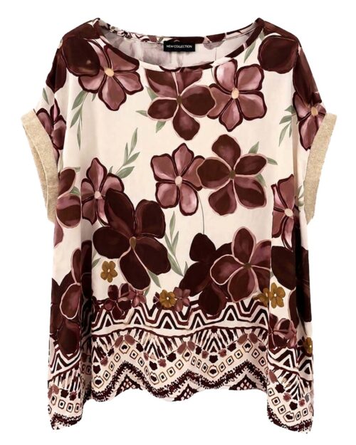 Blusa Versalles: blusa de diario color marrón con estampado de flores, bajo con cenefa geométrica y puños dorados de lúrex de Quiles_Shop