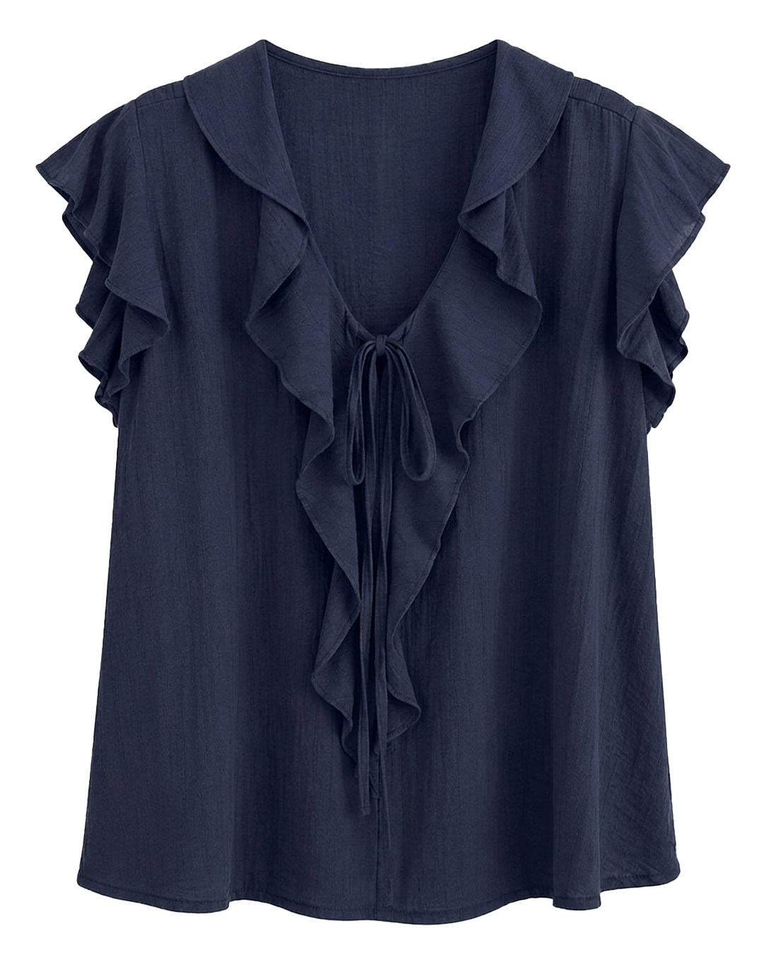 Blusa Volantes Glam: blusa de vestir color azul marino en suave viscosa fluida con maxivolante en el escote en pico, cordones y mangas mariposa de Quiles_Shop.