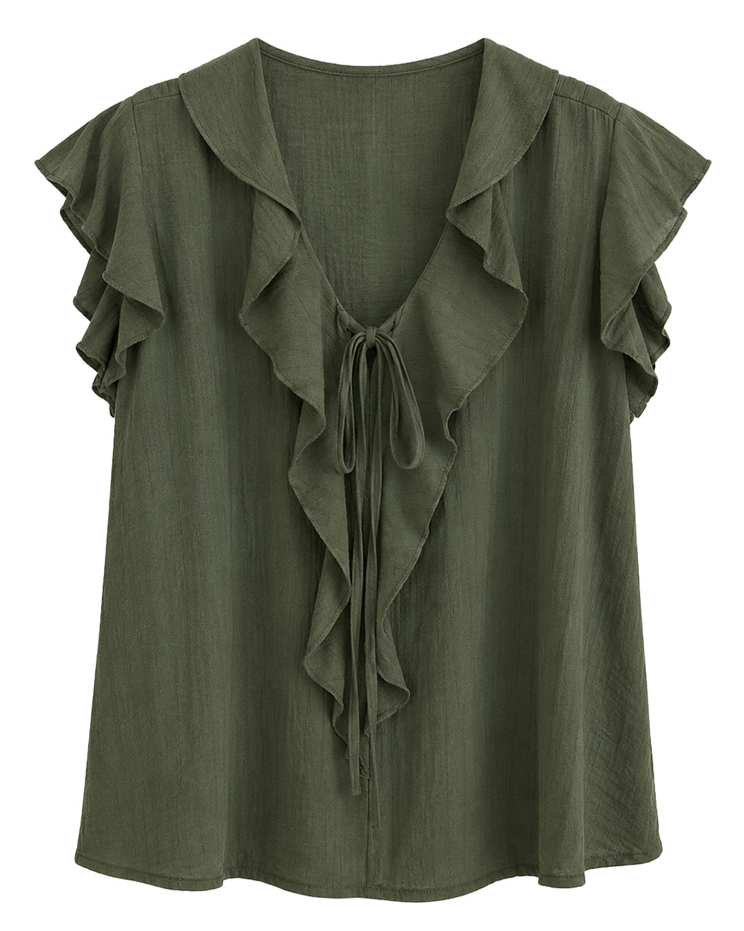 Blusa Volantes Glam: blusa de vestir color verde kaki en suave viscosa fluida con maxivolante en el escote en pico, cordones y mangas mariposa de Quiles_Shop.