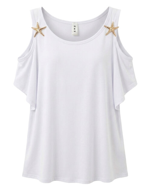 Camiseta Estrellas: camiseta en color blanco en viscosa fluida con hombros descubiertos y apliques dorados de estrellas de mar en los tirantes de Quiles_Shop.
