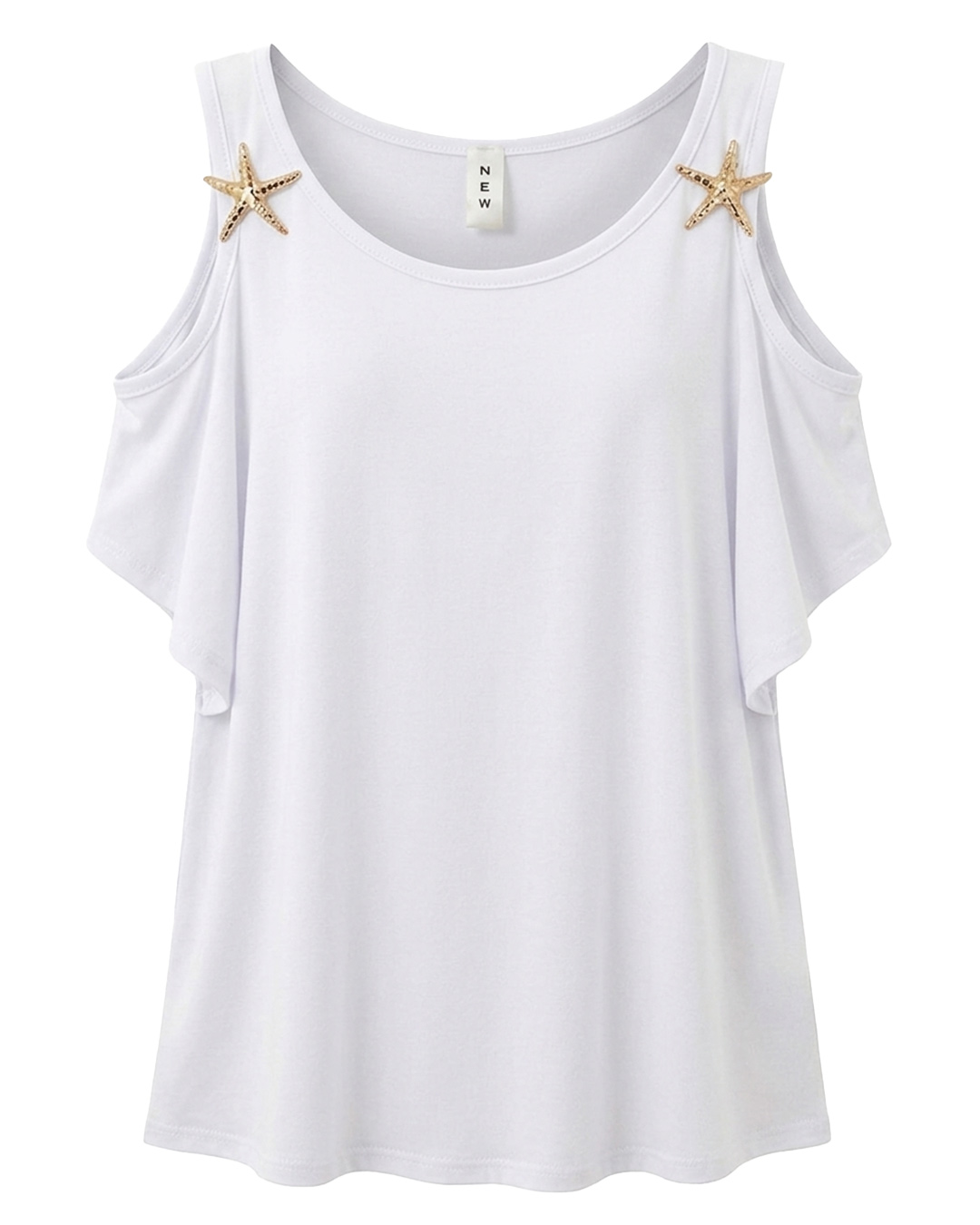 Camiseta Estrellas: camiseta en color blanco en viscosa fluida con hombros descubiertos y apliques dorados de estrellas de mar en los tirantes de Quiles_Shop.