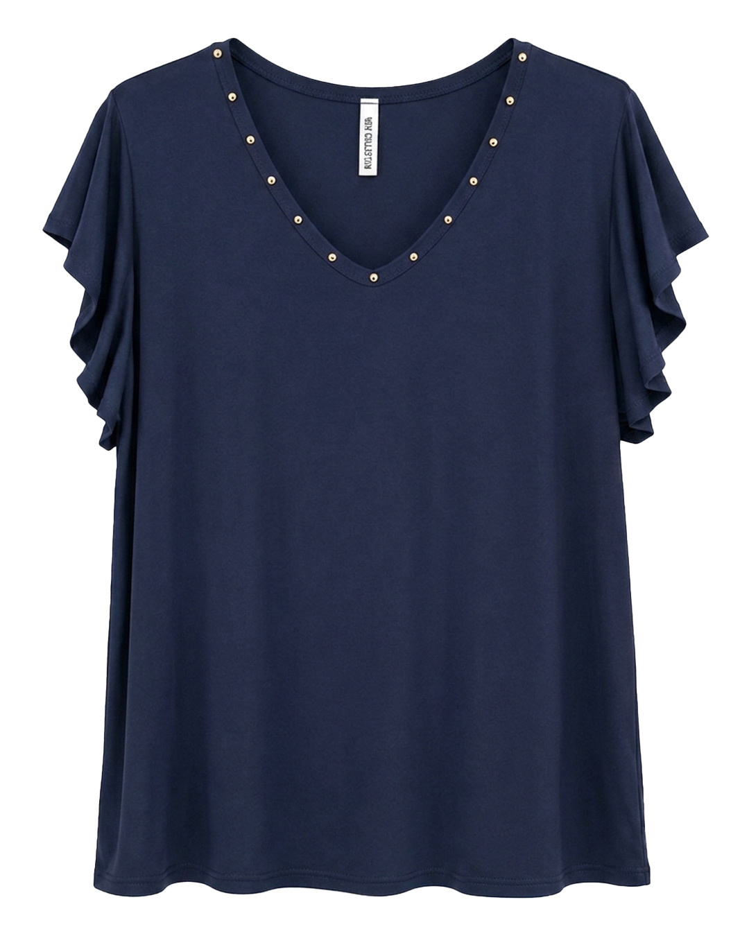 Camiseta Tachas: camiseta color azul marino con escote en pico adornado con tachuelas esféricas plateadas y manga corta mariposa de Quiles_Shop.
