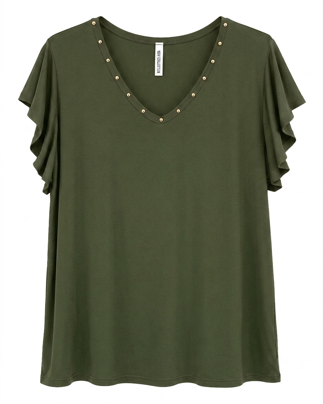 Camiseta Tachas: camiseta color verde con escote en pico adornado con tachuelas esféricas plateadas y manga corta mariposa de Quiles_Shop.
