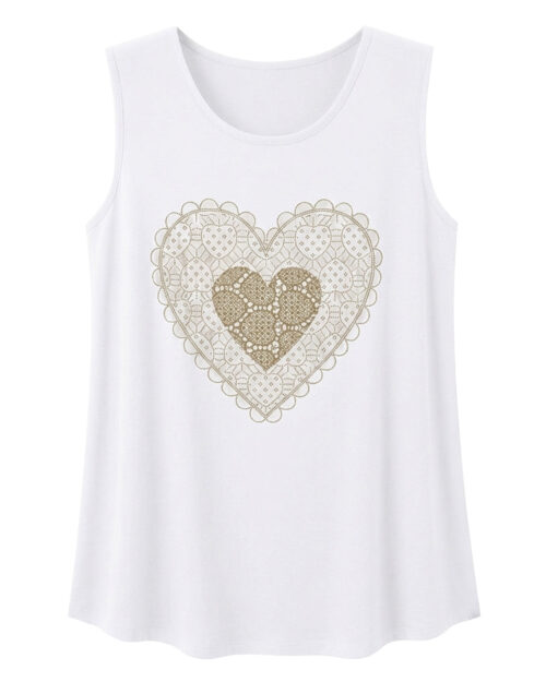 Camiseta Trevi: camiseta de diario sin mangas color blanco en viscosa fluida con estampado de corazón en encaje troquelado y tachuelas brillantes de Quiles_Shop.
