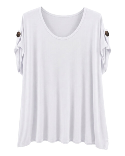Camiseta Vogue: camiseta de diario de manga corta en tejido fluido de viscosa en color blanco con detalle de botón en la manga de Quiles_Shop.