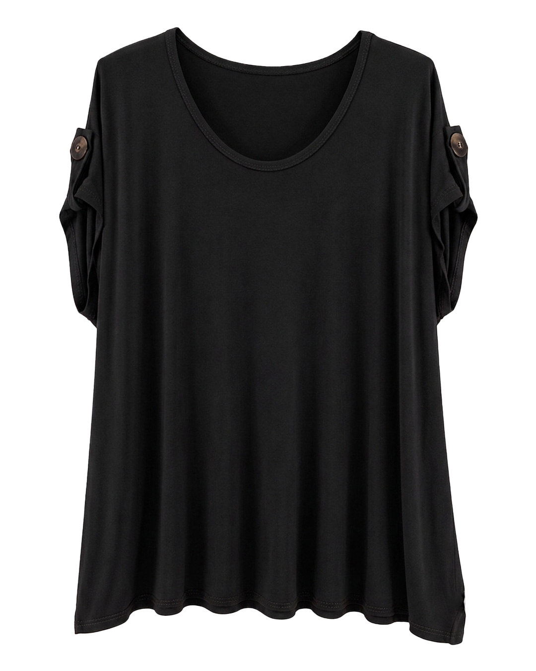 Camiseta Vogue: camiseta de diario de manga corta en tejido fluido de viscosa en color negro con detalle de botón en la manga de Quiles_Shop.