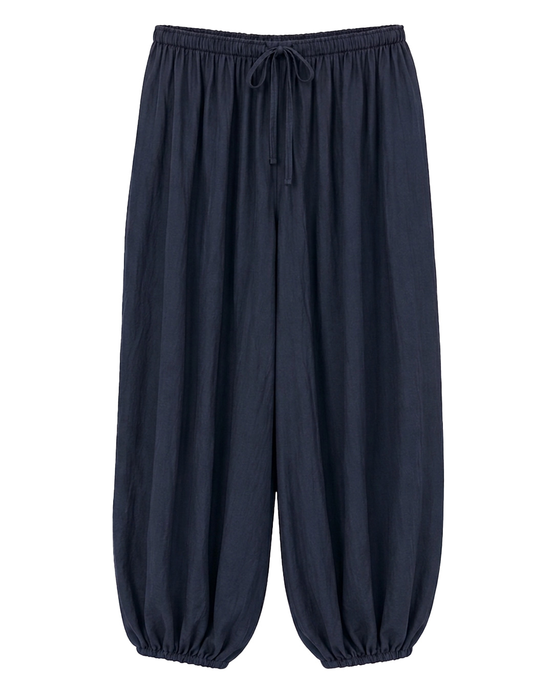 Pantalón Bombacho Harem: pantalón de color azul marino en viscosa fluida de efecto arrugado, cintura elástica, bolsillos y tobillos fruncidos de Quiles_Shop.